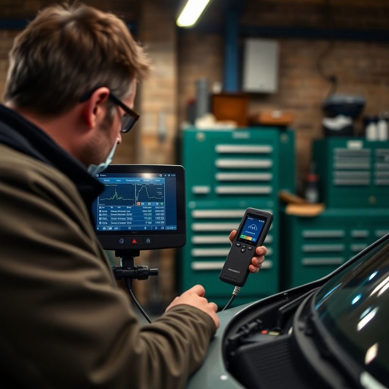 Técnico con escáner OBD conectado al vehículo en el taller