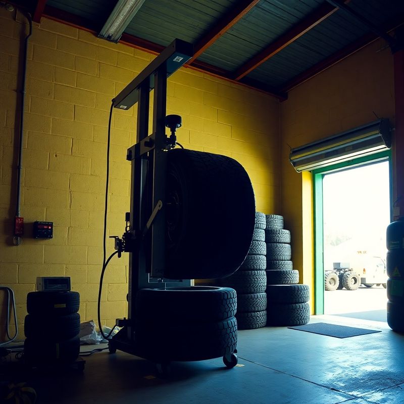 Máquina desmontadora en acción con cubiertas de invierno apiladas al lado