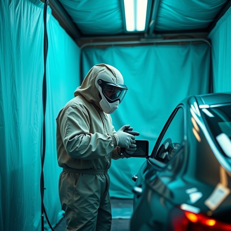 Pintor automotriz preparando superficie de vehículo en cabina de pintura