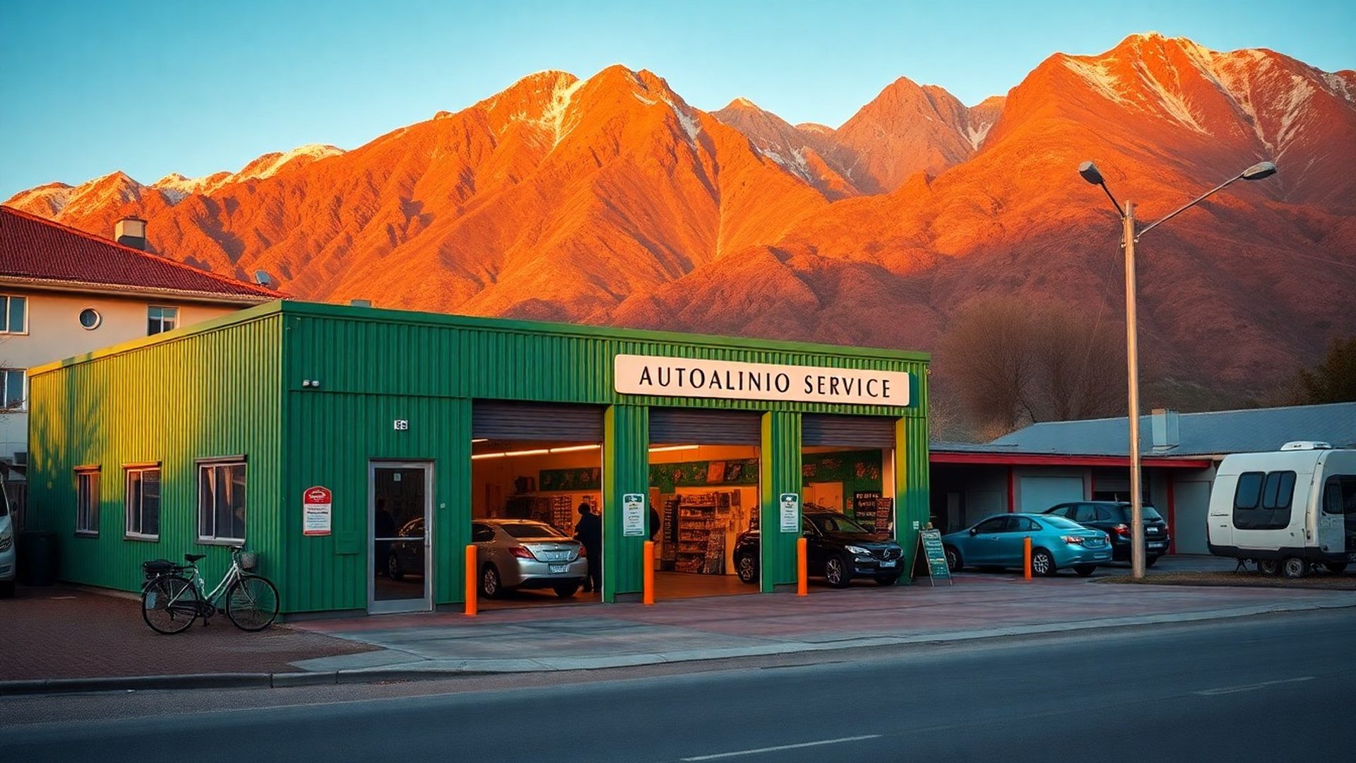Fachada esmeralda del taller Casa de Barcelona en Bariloche al atardecer